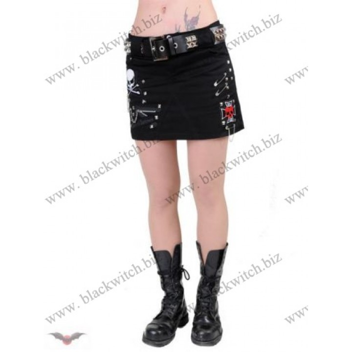 Miniskirt with studded belt and pins