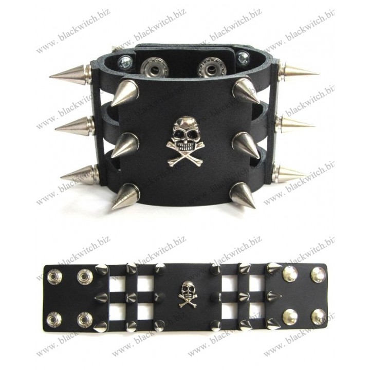 Lederen armband met schedels en spikes 6cm