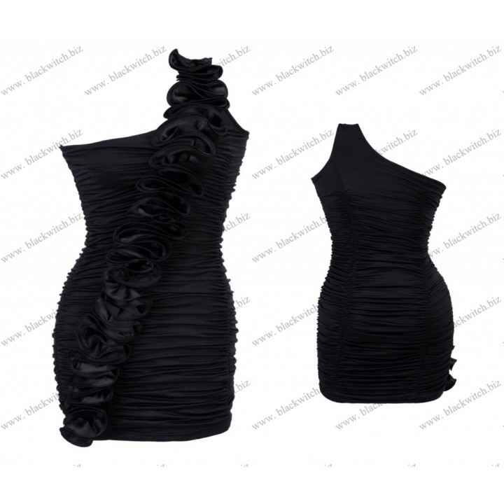 Zwarte jurk met volant van schouder