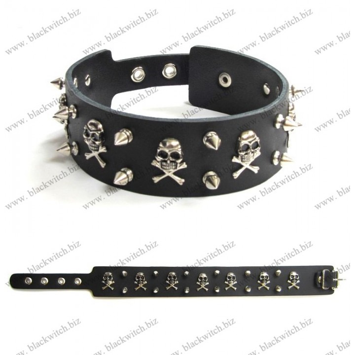 Lederen halsband schedel en spike