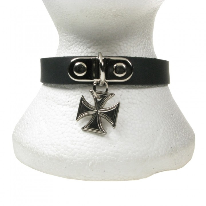 1 Row German Cross Leather Neckband - Black