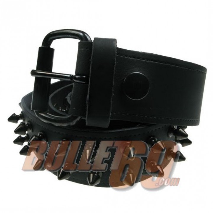 38mm 2 Row Black Spike Leather Belt - Black (305)