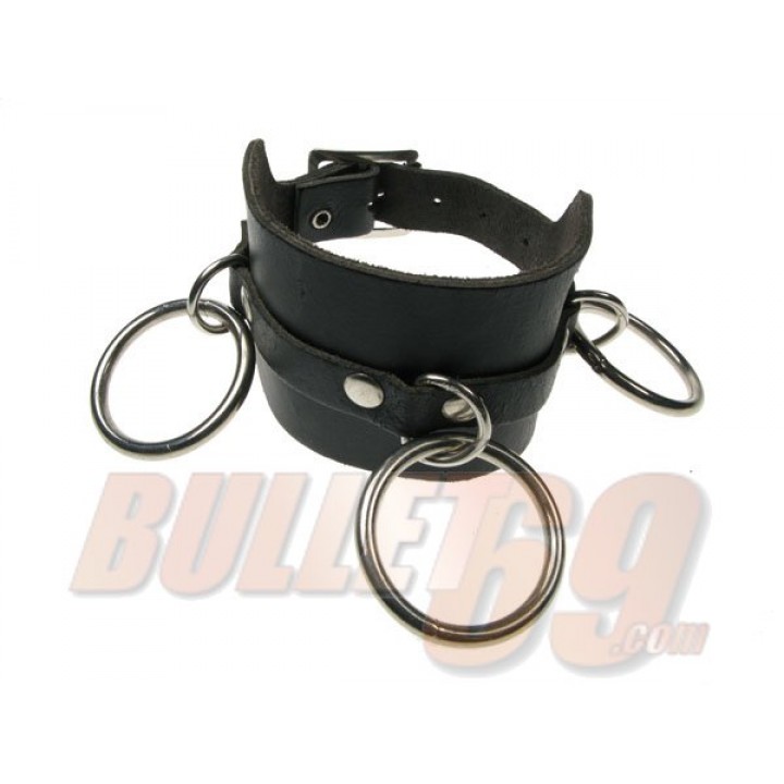 3 Row width 3 medium rings Leather Wristband - Black