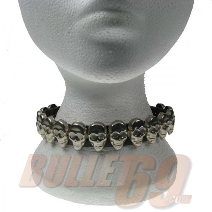 1 Row Skulls Leather Neckband / Leather Chocker - Black