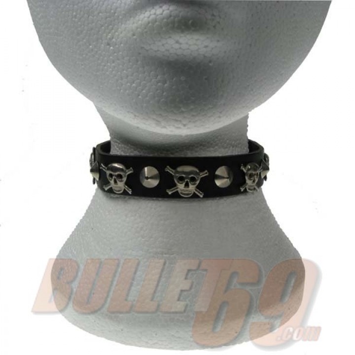 1 Row Conical and Skull and Crossbones Leather Neckband / Leather Chocker - Black