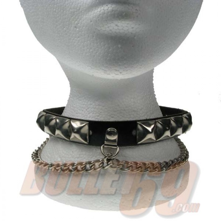 1 Row Pyramid and Chain Leather Neckband / Leather Chocker - Black