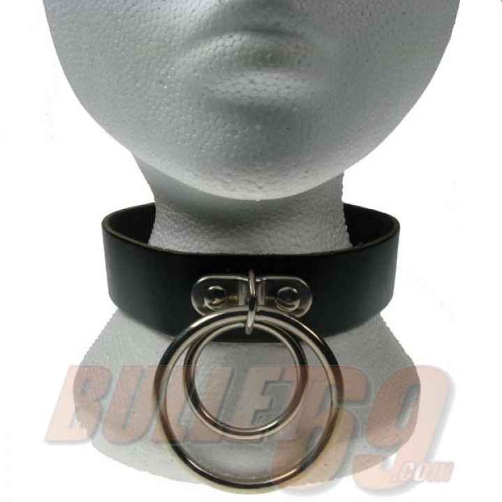 2 Row Handle Plate with Medium and Large Rings Overlap Leather Neckband LeatherChocker - Black