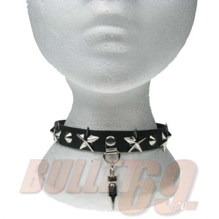 1 row star and conical with medium spike Leather Neckband / Leather Chocker - Black
