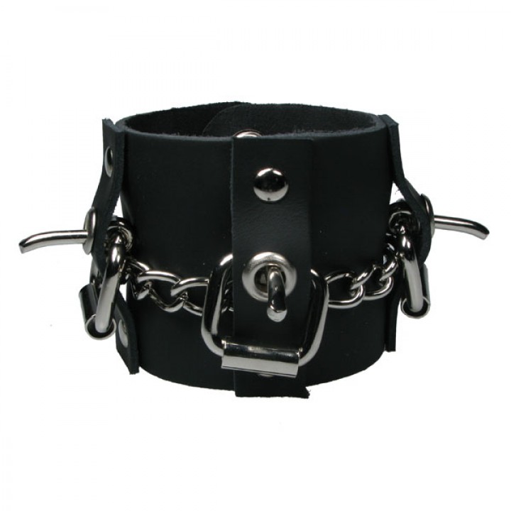 3 Row width Chain and 3 Buckles on Leather Strips - Black