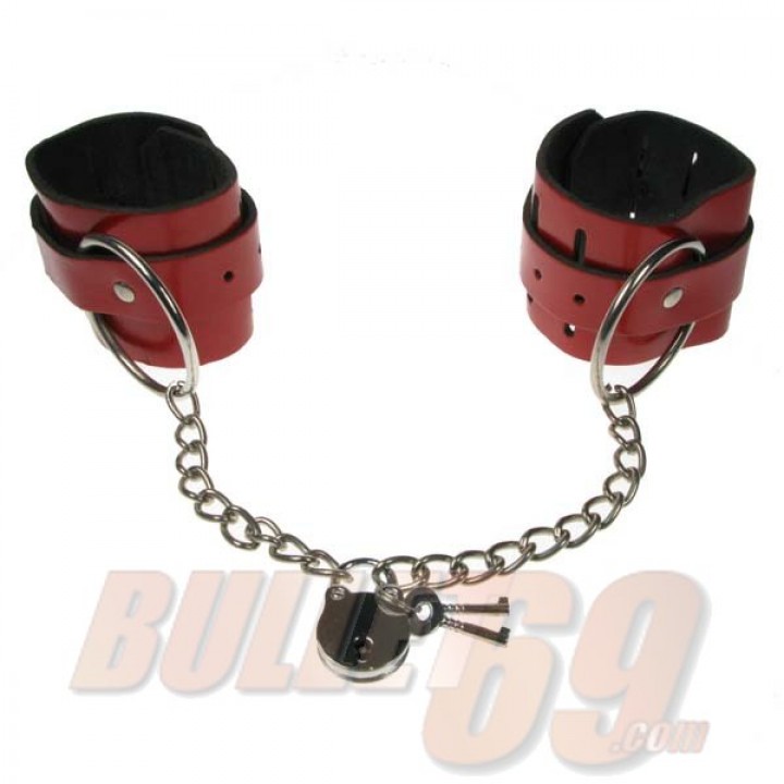 4 Row w/Ring, Padlock & Chain Fetish Handcuff - Red (60,87)