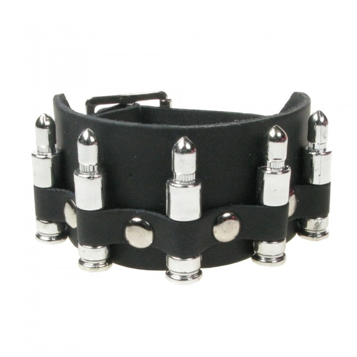 2 Row Bullet Leather Wristband - Black