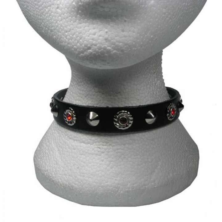Conical & Red Jewel Fitting 1 row Leather Neckband / Leather Chocker - Black (21)